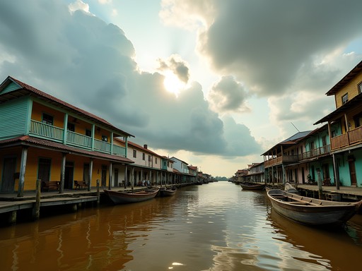 Colonial Dutch architecture lining the waterfront of New Amsterdam, Guyana with Berbice River in background