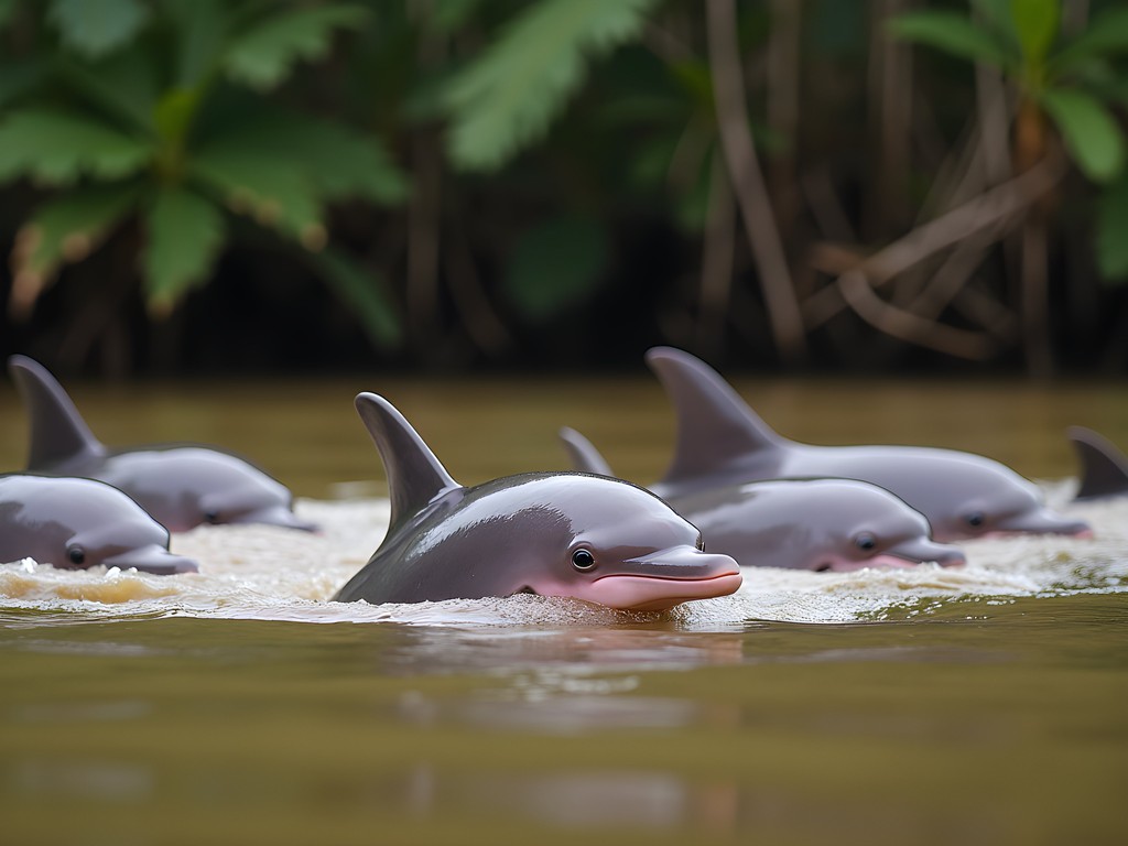 Pink river dolphins surfacing in the brown waters of Berbice River, Guyana with jungle backdrop