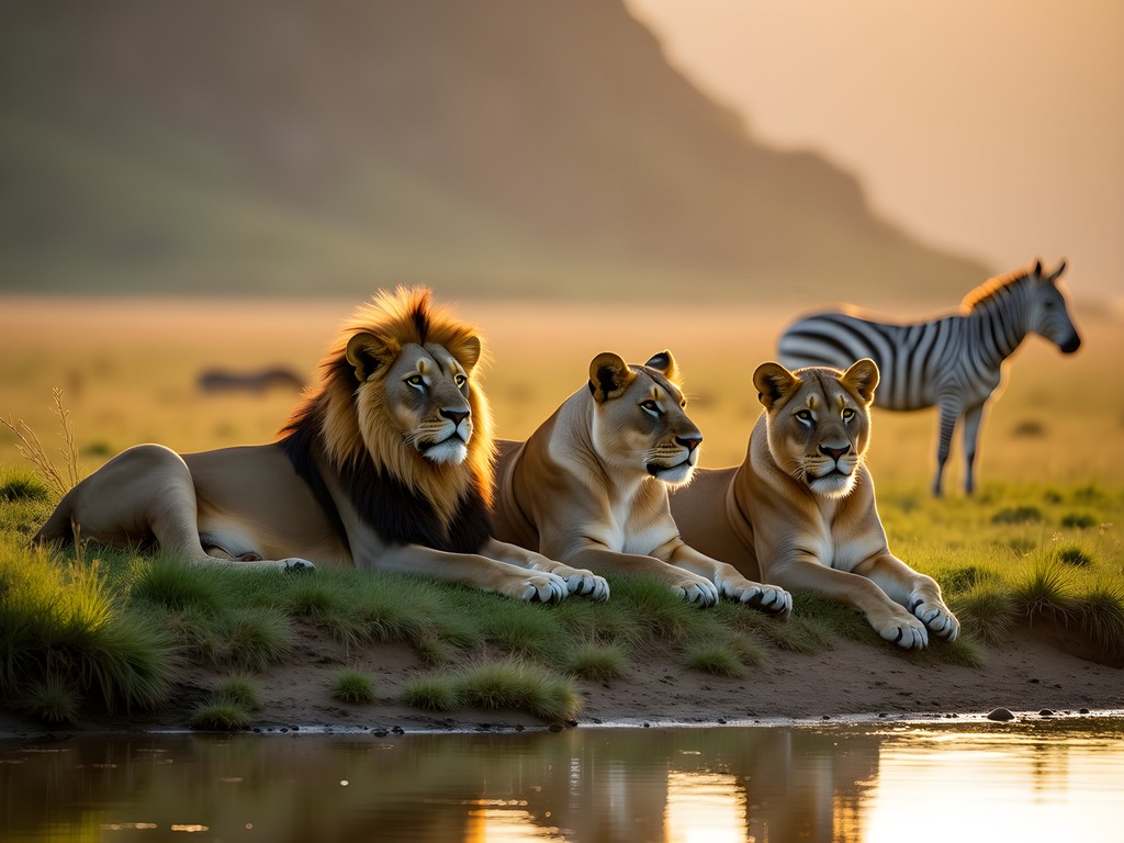 Lion pride resting near a watering hole in Ngorongoro Crater