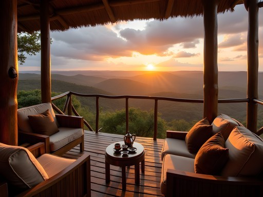 Luxury safari lodge private deck overlooking Ngorongoro Crater at sunset
