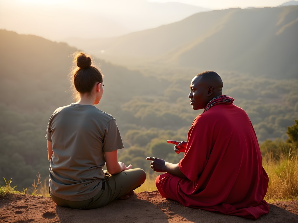 Kayla engaging with Maasai conservation guide overlooking Ngorongoro landscape