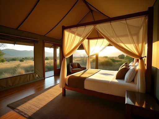 Luxury safari tent interior with four-poster bed overlooking Ngorongoro Highlands