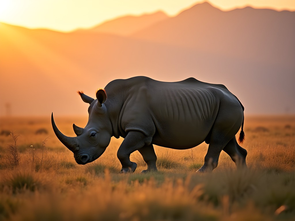Endangered black rhino crossing Ngorongoro Crater in golden afternoon light