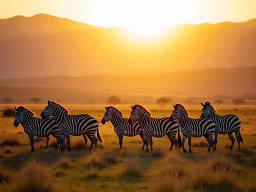 Zebra herd at golden hour in Ngorongoro Crater