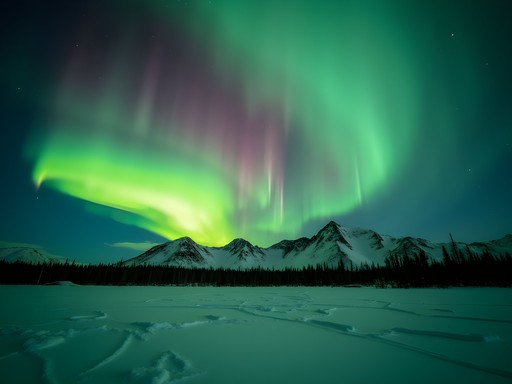 Spectacular aurora borealis display over snowy landscape near Nome Alaska