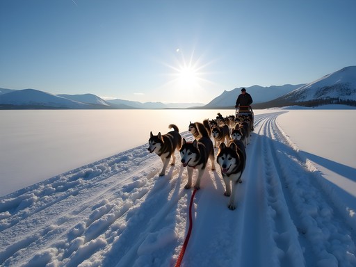 Dog sled team traversing snowy landscape outside Nome Alaska