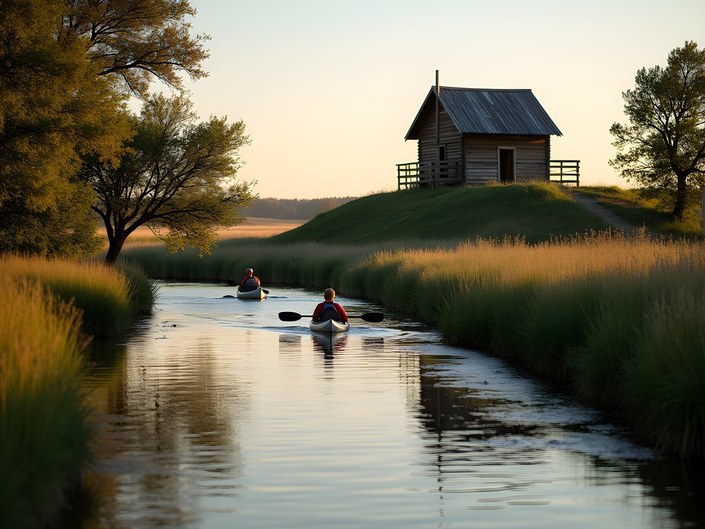 View of Fort Cody from the North Platte River with kayakers approaching
