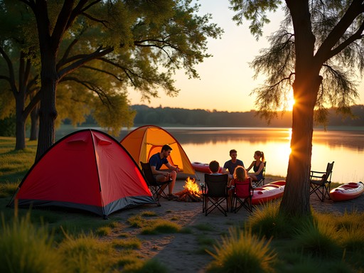 Family camping setup along North Platte River with tents and kayaks