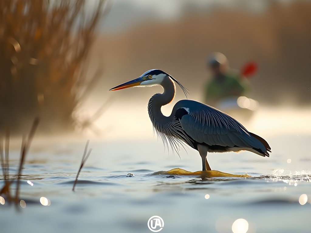 Great blue heron hunting in the shallows of North Platte River with kayakers in background