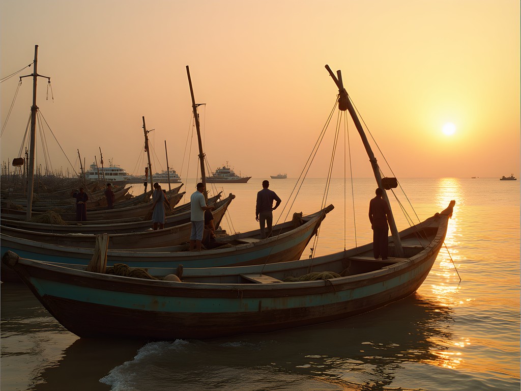Traditional Imraguen wooden fishing boat on Nouadhibou coast at sunrise
