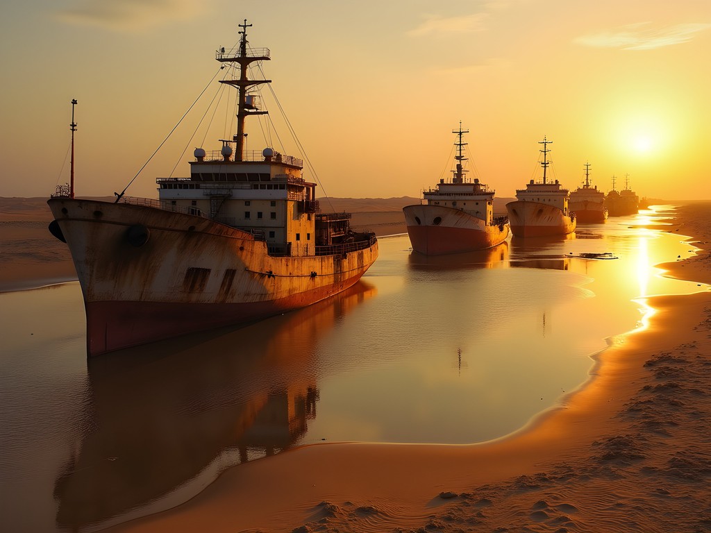 Abandoned ships at sunset in Nouadhibou's famous ship graveyard