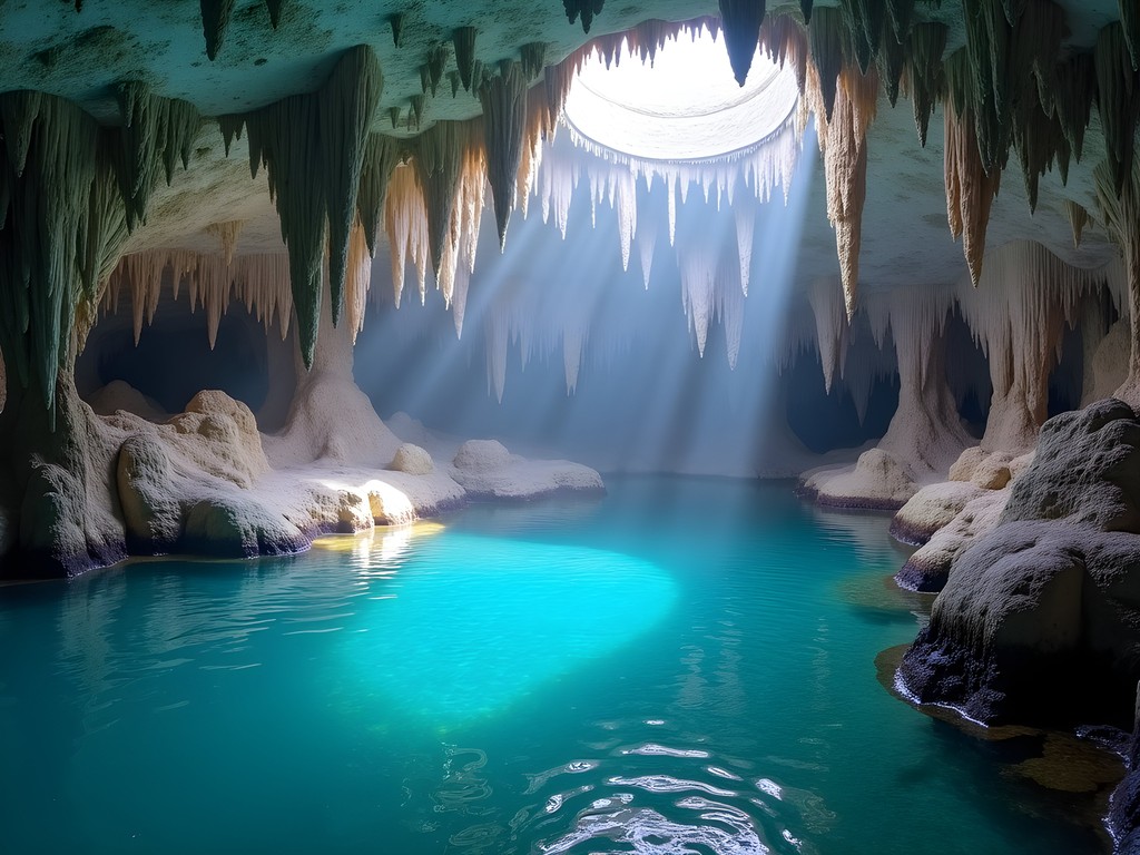 Dramatic limestone formations and crystal clear pool inside Anahulu Cave, Tonga