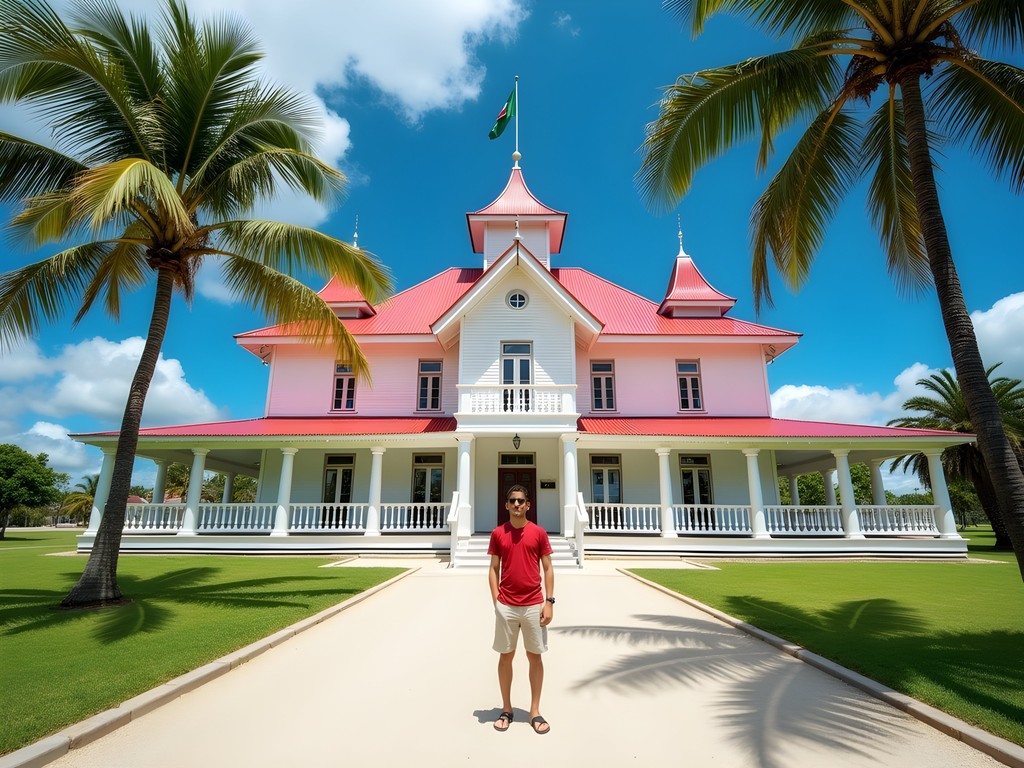 Man standing near the white wooden Royal Palace in Nuku'alofa with palm trees in background
