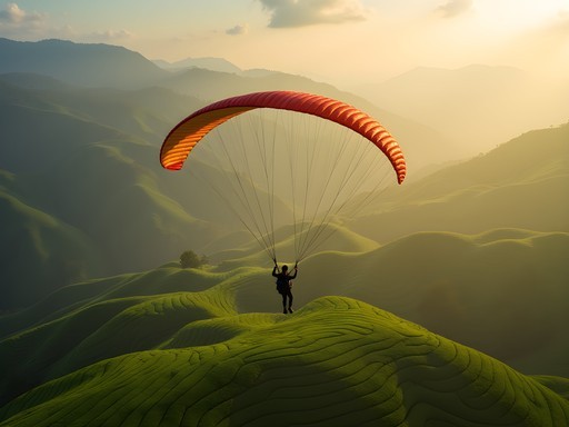 Paraglider soaring above geometric patterns of tea plantations in Nuwara Eliya with mountains in background