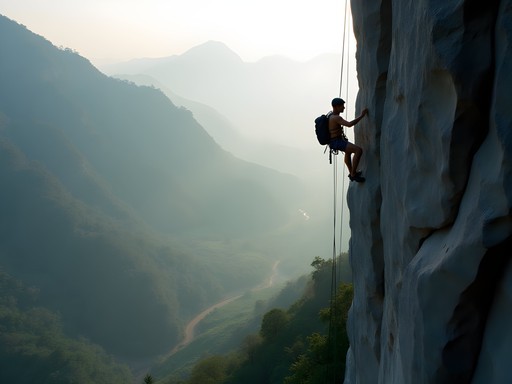 Rock climber ascending dramatic granite face on Pidurutalagala mountain with misty tea plantations visible below