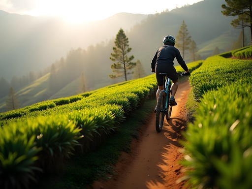 Mountain biker navigating singletrack trail through lush tea plantations in Nuwara Eliya