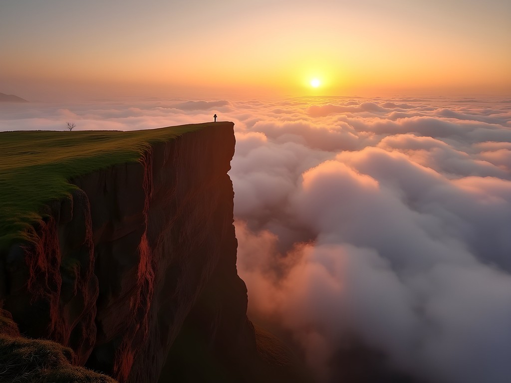 Dramatic sunrise view from World's End cliff with sea of clouds filling the valley below
