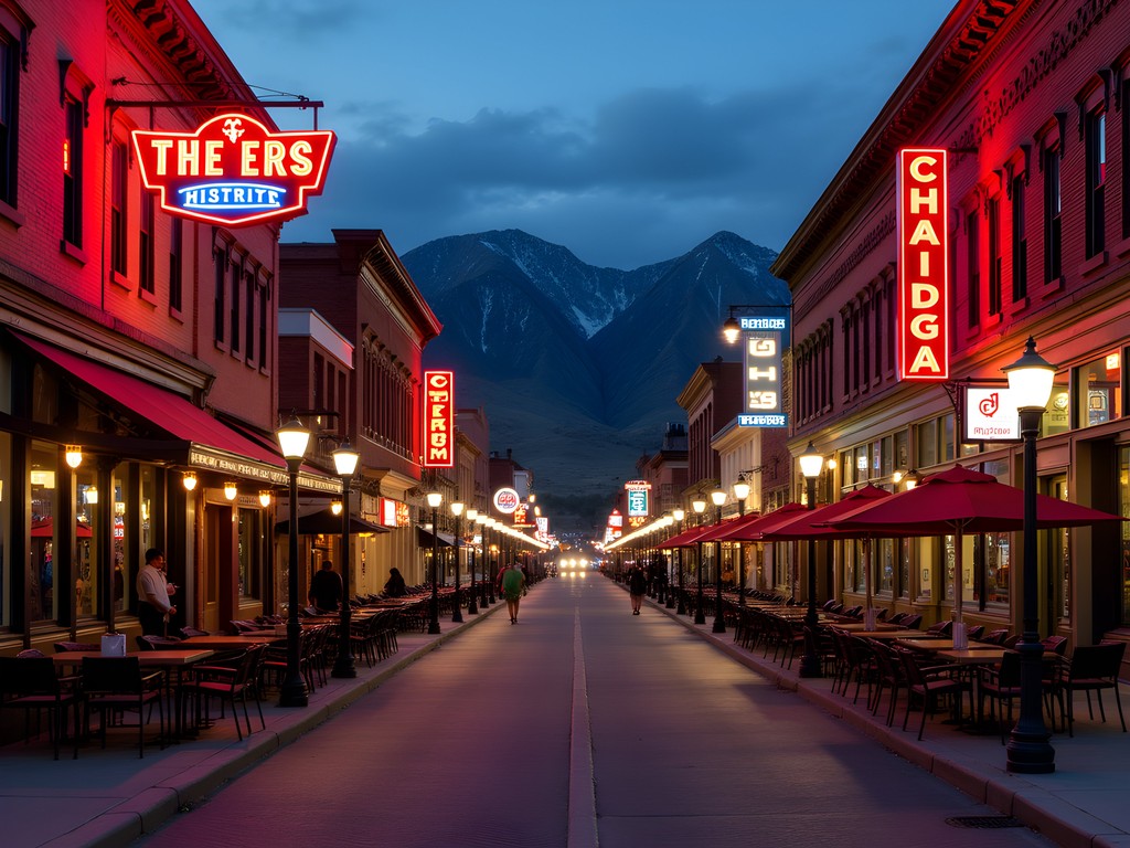 Historic 25th Street in downtown Ogden at sunset with mountain backdrop and neon signs