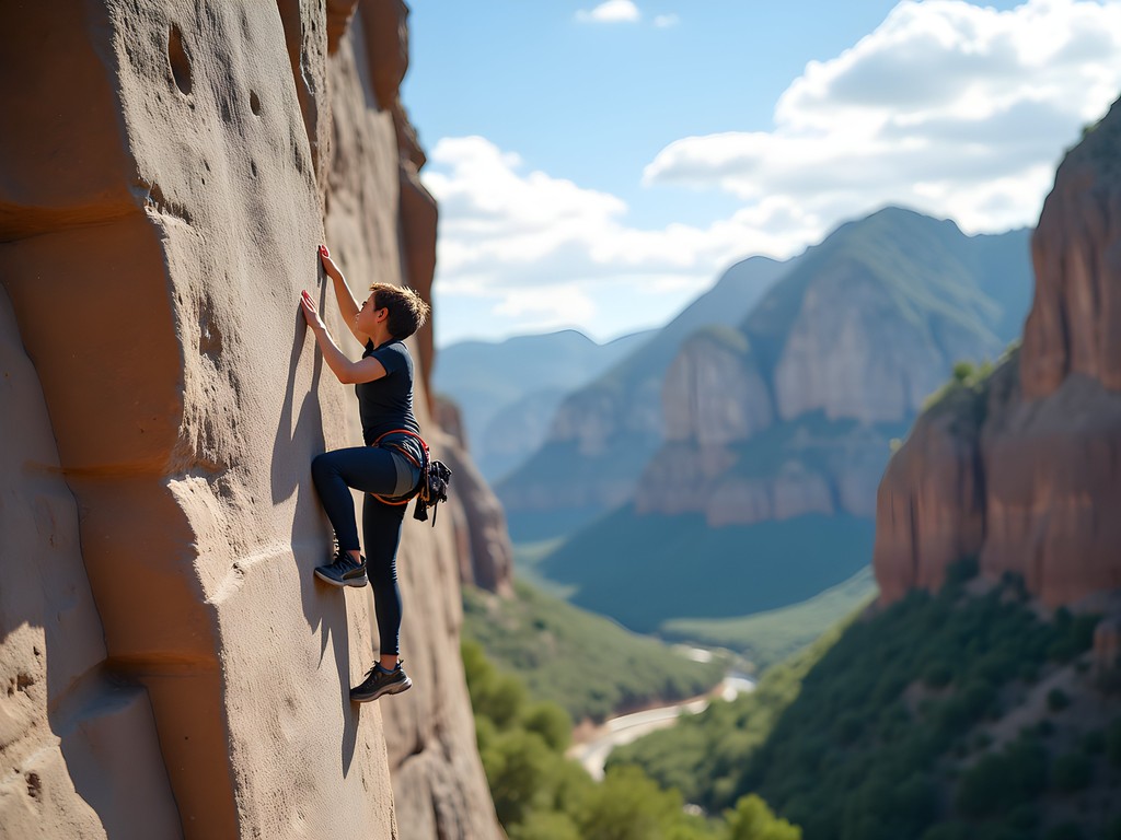 Rock climber scaling limestone wall in Ogden Canyon with Wasatch Mountains backdrop