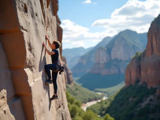 Rock climber scaling limestone wall in Ogden Canyon with Wasatch Mountains backdrop