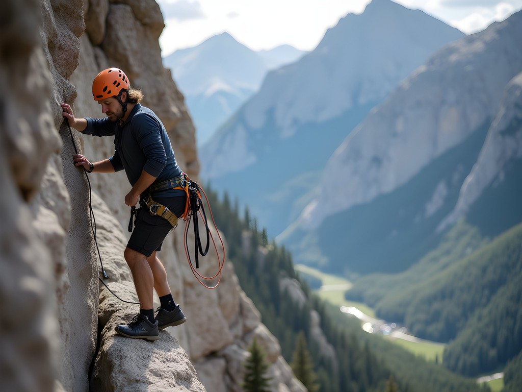 Climber on Via Ferrata route with safety equipment attached to metal cables on mountain face