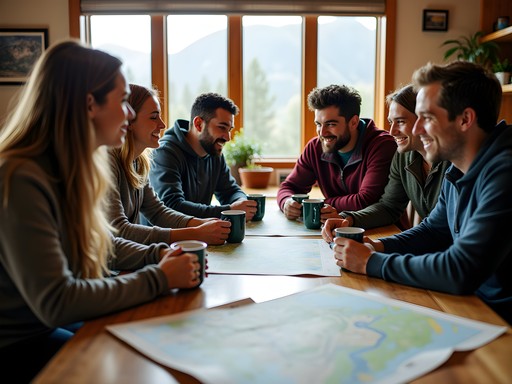 Adventure group planning session at vacation rental with maps and gear