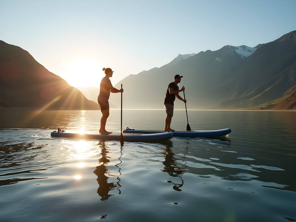 Stand-up paddleboarders on Pineview Reservoir with Wasatch Mountains backdrop