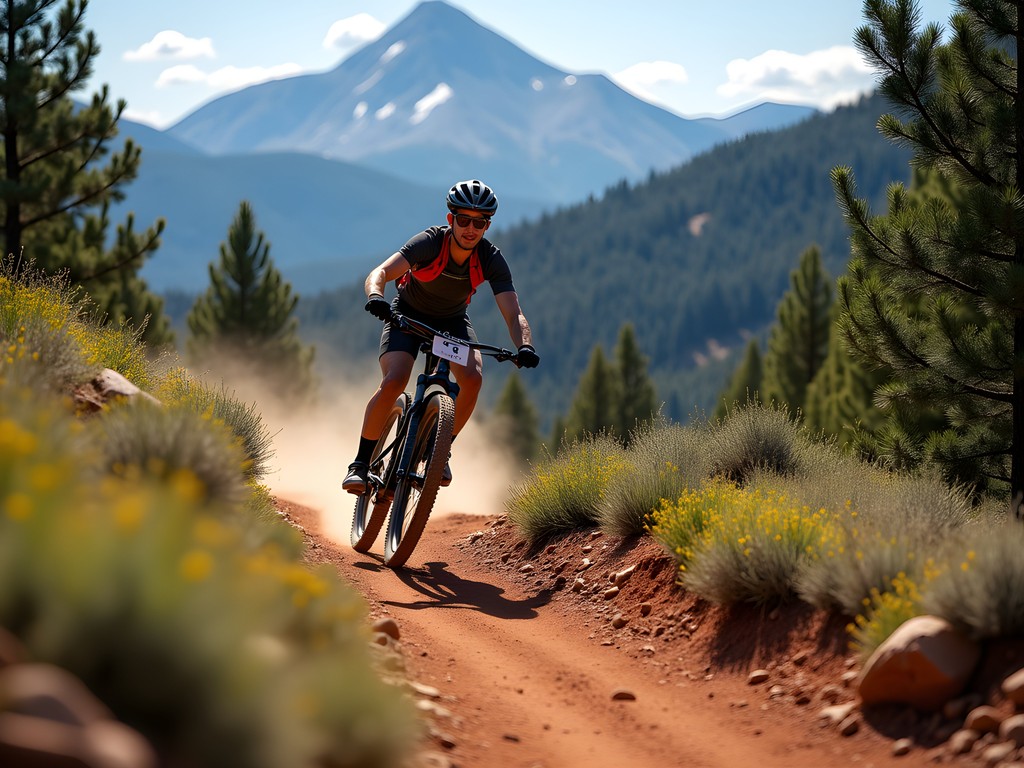 Mountain biker on red dirt trail with Mount Timpanogos in background near Orem, Utah