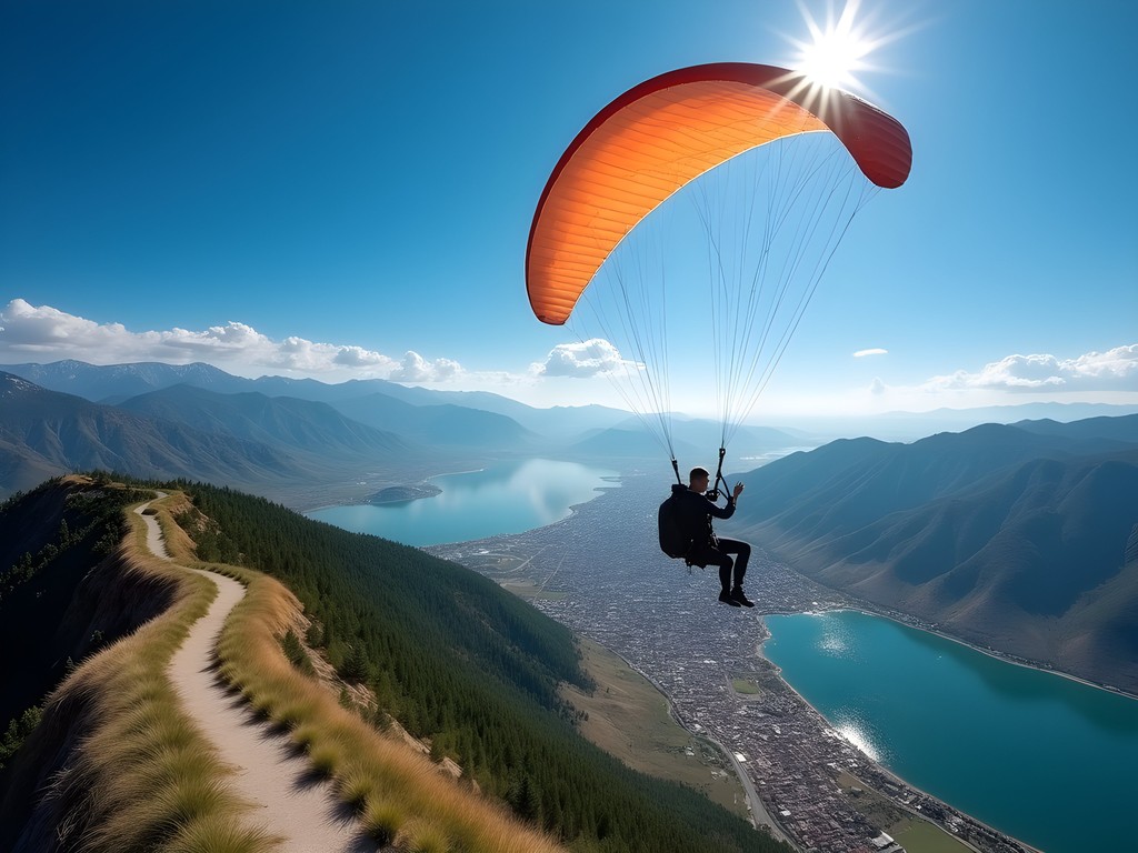 Paragliding over Utah Valley with views of Utah Lake and the Wasatch Mountains
