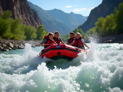 Group whitewater rafting through rapids on the Provo River in Utah