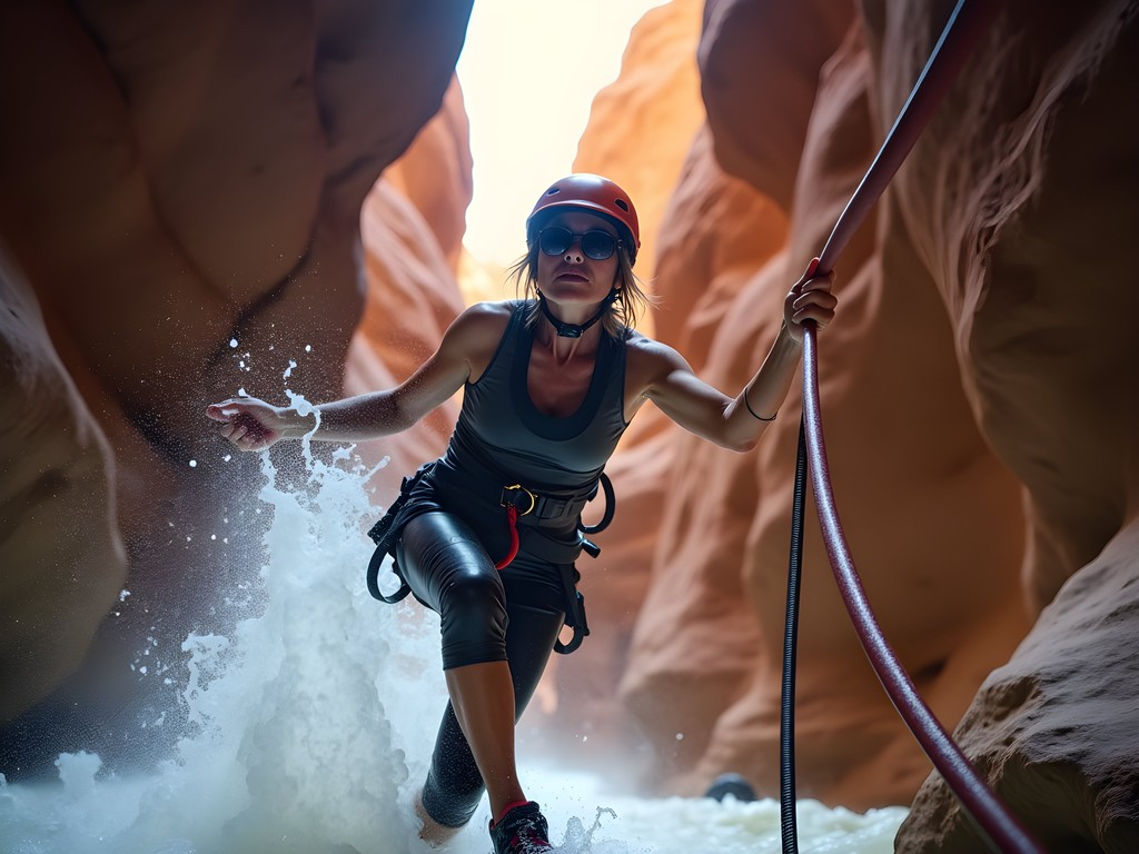Woman rappelling down a narrow slot canyon waterfall near Orem, Utah