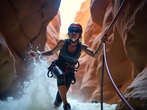 Woman rappelling down a narrow slot canyon waterfall near Orem, Utah