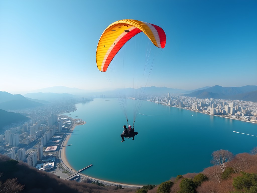 Senior woman paragliding over Osaka Bay with city skyline in background during spring