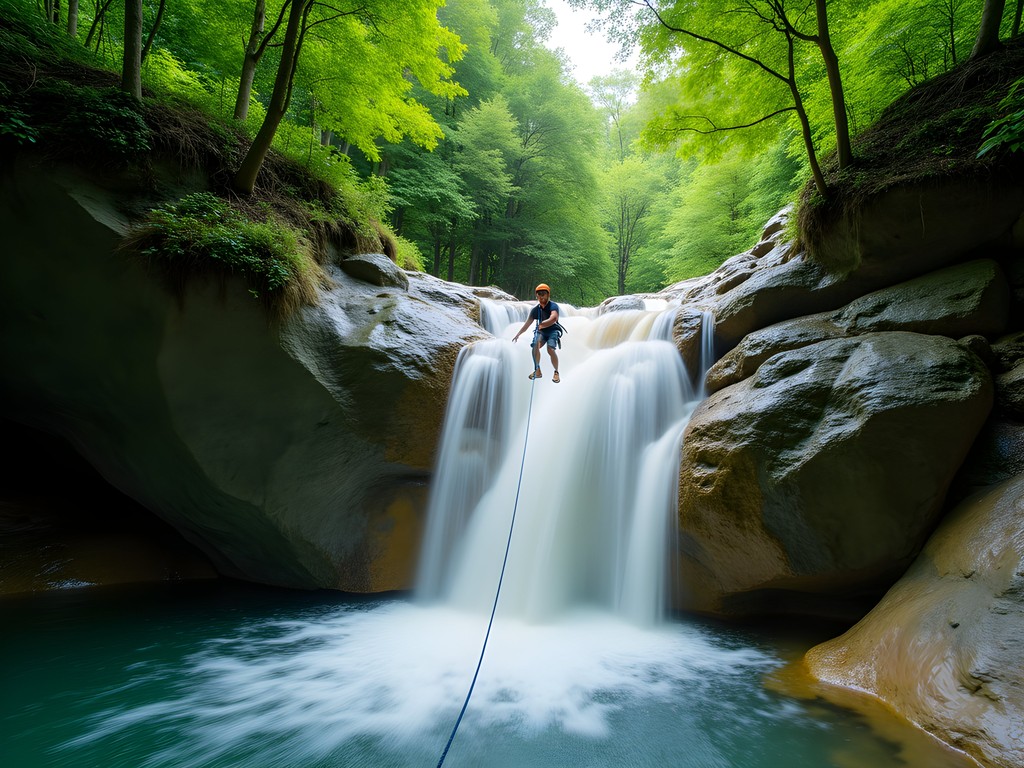 Woman rappelling down waterfall during canyoning adventure in Minoo Park near Osaka