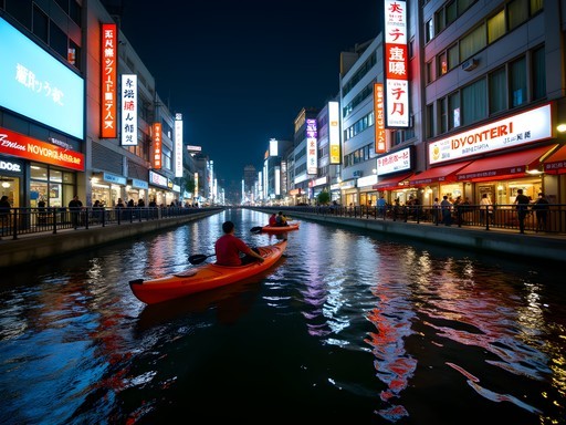Kayakers paddling through Dotonbori Canal in Osaka at night surrounded by neon reflections