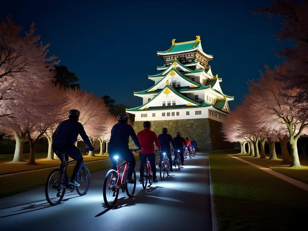 Group of cyclists with LED lights in front of illuminated Osaka Castle at night