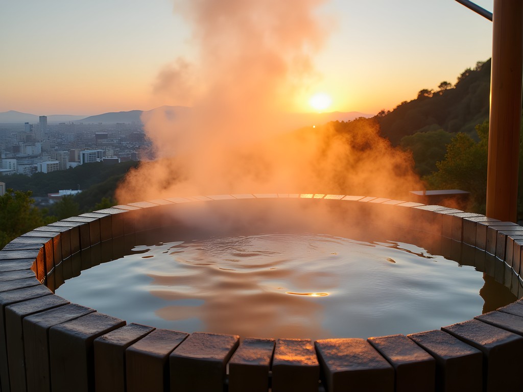 Outdoor onsen bath with Osaka city skyline view at sunset
