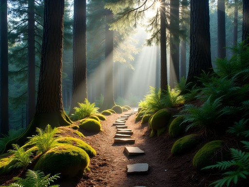 Sunlight filtering through pine trees on hiking trail in Nordmarka Forest