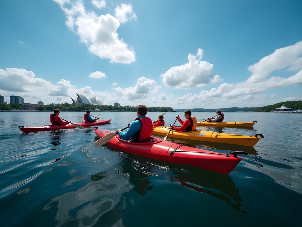 Group of kayakers paddling in Oslo Fjord with Opera House in background