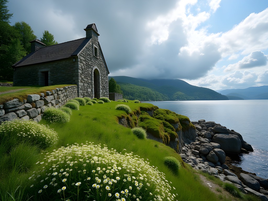 Ancient monastery ruins on Hovedøya Island with Oslo Fjord in background