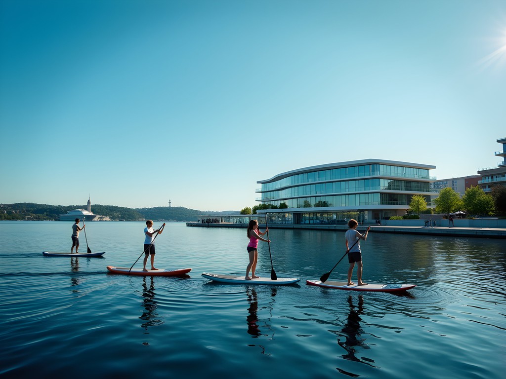 Stand-up paddleboarders exploring Oslo harbor near modern waterfront architecture