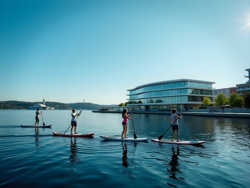 Stand-up paddleboarders exploring Oslo harbor near modern waterfront architecture