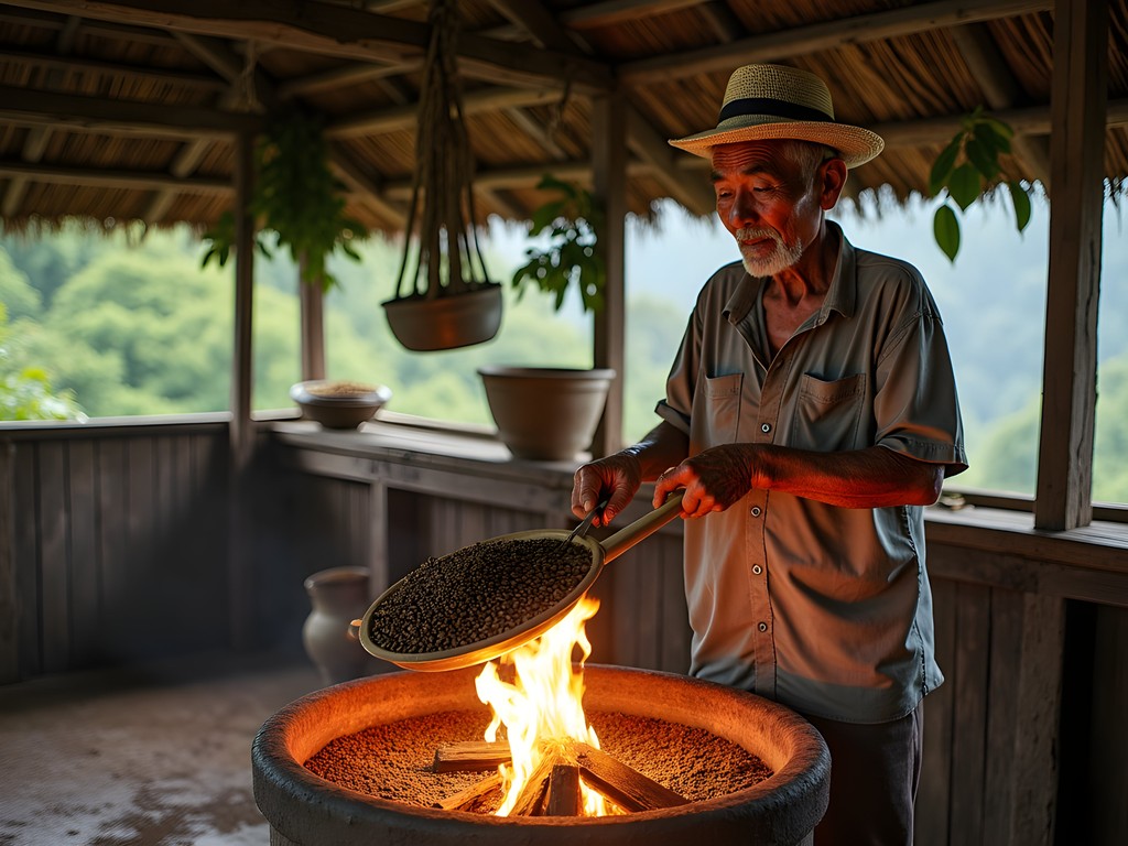 Local Lao coffee farmer demonstrating traditional roasting techniques on the Bolaven Plateau