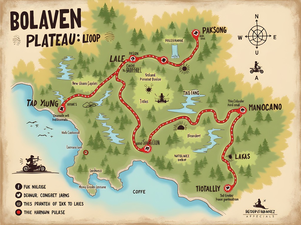 Map of the Bolaven Plateau motorbike loop showing key waterfall and coffee farm stops