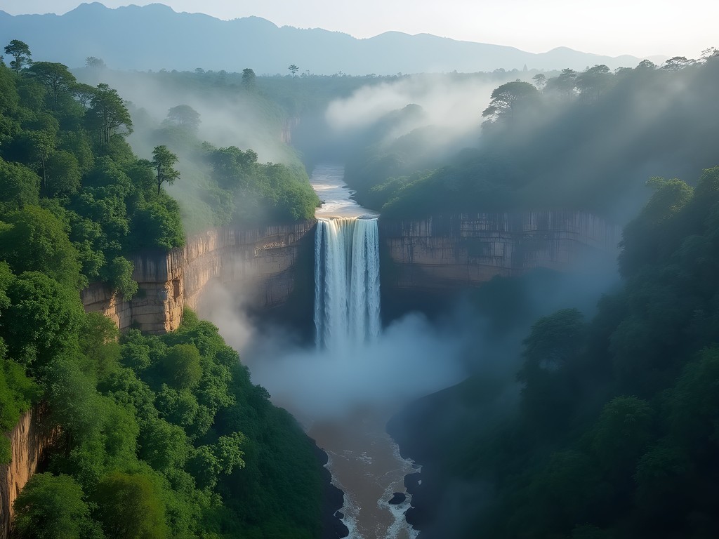 Spectacular twin cascades of Tad Fane waterfall plunging into jungle ravine