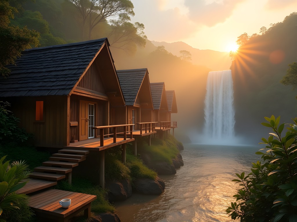 Traditional wooden bungalows overlooking Tad Lo waterfall at sunrise with morning mist
