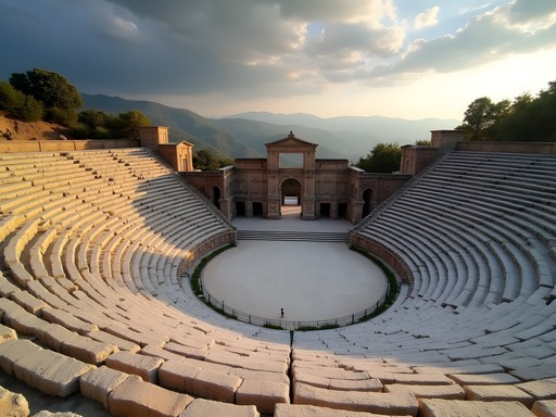 Ancient Greco-Roman theater at Hierapolis overlooking mountains with dramatic clouds