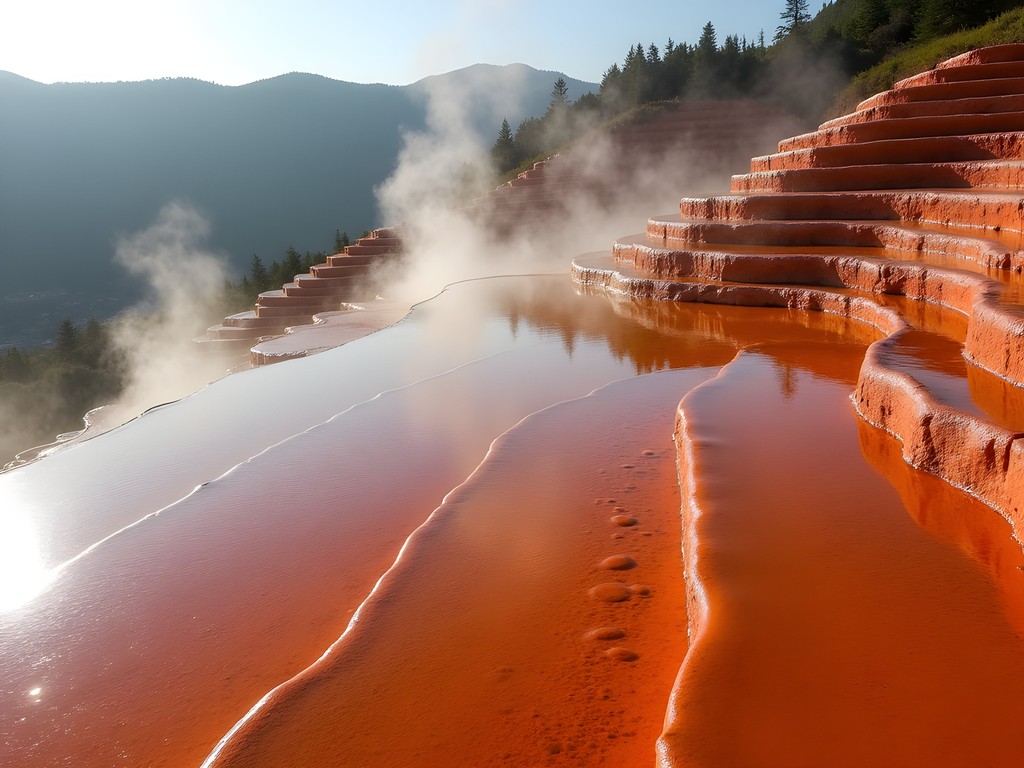 Vibrant red travertine terraces at Karahayıt with steam rising from mineral-rich waters