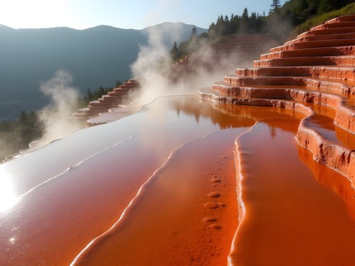 Vibrant red travertine terraces at Karahayıt with steam rising from mineral-rich waters