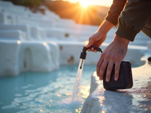 Woman recording the sounds of flowing thermal water at Pamukkale with professional audio equipment